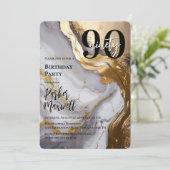 お洒落金ゴールド | ホワイトマーブルモダン90誕生日パーティー 招待状 (スタンド正面)