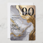 お洒落金ゴールド | ホワイトマーブルモダン90誕生日パーティー 招待状 (正面)
