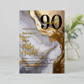 お洒落金ゴールド | ホワイトマーブルモダン90誕生日パーティー 箔招待状 (立ち正面)