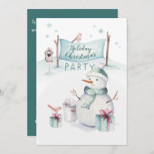 お洒落雪だるまシーンホリデークリスマスパーティー シーズンカード (正面/裏面)