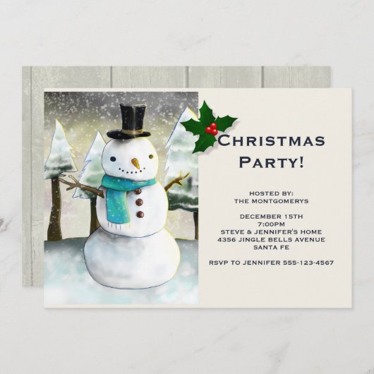 お洒落雪だるま冬シーンクリスマスパーティー 招待状 (正面/裏面)
