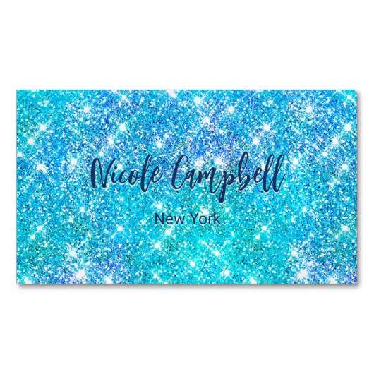 お洒落青アクアフェイクグリッター マグネット名刺 (正面)
