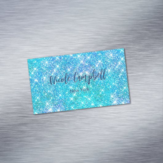 お洒落青アクアフェイクグリッター マグネット名刺 (インサイチュ)