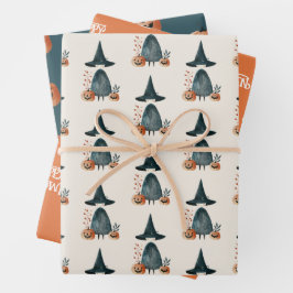 お洒落魔女とジャック・オ・ランタンのハロウィンパターン ラッピングペーパーシート