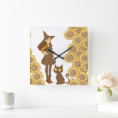 「お洒落魔女と猫ひまわり時計」 スクエア壁時計 (ホーム)