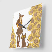 「お洒落魔女と猫ひまわり時計」 スクエア壁時計 (傾斜)