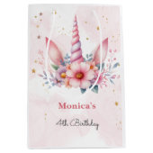 お洒落魔法ピンクユニコーン子供の誕生日 ミディアムペーパーバッグ (正面)