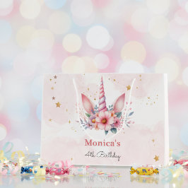 お洒落魔法ピンクユニコーン子供の誕生日 ラージペーパーバッグ