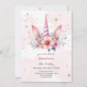 お洒落魔法ピンクユニコーン子供の誕生日 招待状 (正面)