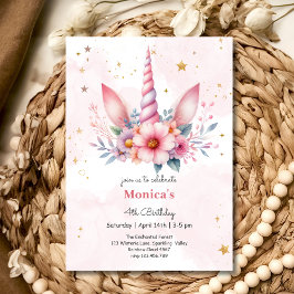 お洒落魔法ピンクユニコーン子供の誕生日 招待状