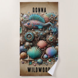 お洒落魚と貝殻のステームパンクパーソナライズされた、 ビーチタオル