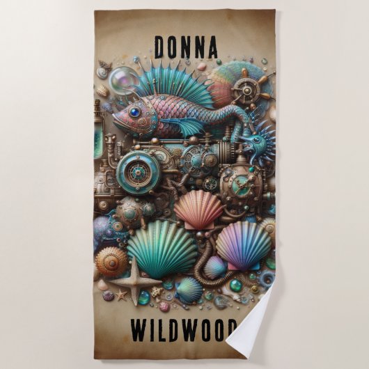 お洒落魚と貝殻のステームパンクパーソナライズされた、 ビーチタオル (正面)