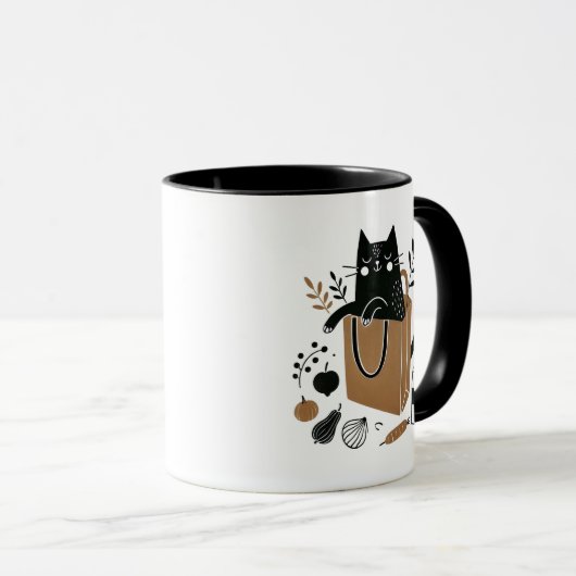お洒落黒猫が買い物袋の中に座る マグカップ (正面右)