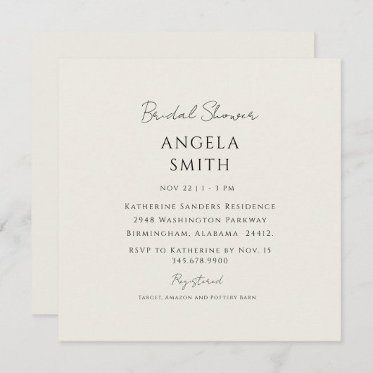 お洒落&シンプルクリームブライダルシャワースクエア 招待状 (正面/裏面)