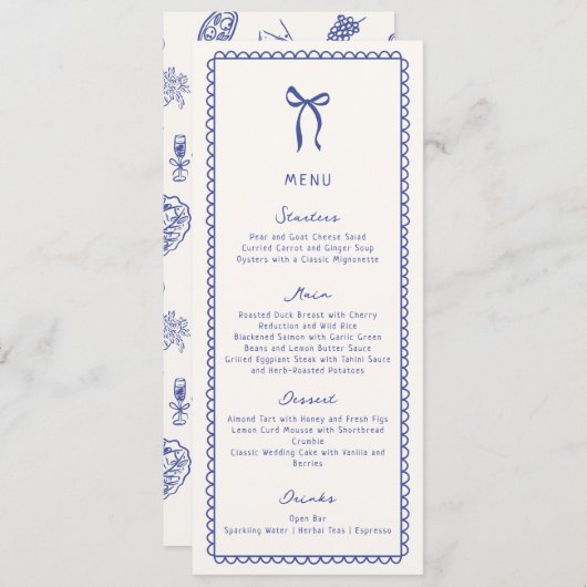 お洒落、青い手書き結婚のフラットメニュー メニュー (正面/裏面)