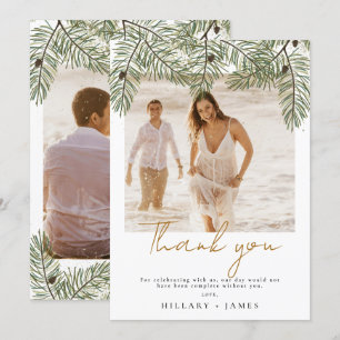 お洒落Green Pine写真の結婚サンキューカード 招待状
