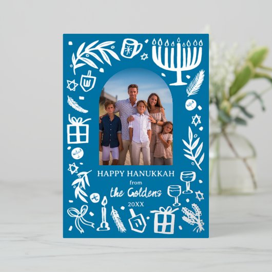 お洒落HANUKKAHかわいいカスタムフォトシルバー 箔シーズンカード (立ち正面)