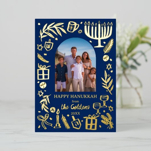 お洒落HANUKKAHかわいいカスタム写真金ゴールド 箔シーズンカード (立ち正面)