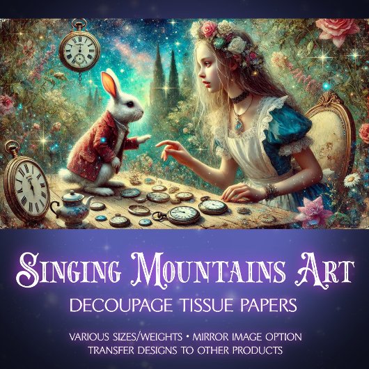 お洒落Rabbit Alice Clocks Wonderland Decompage 薄葉紙