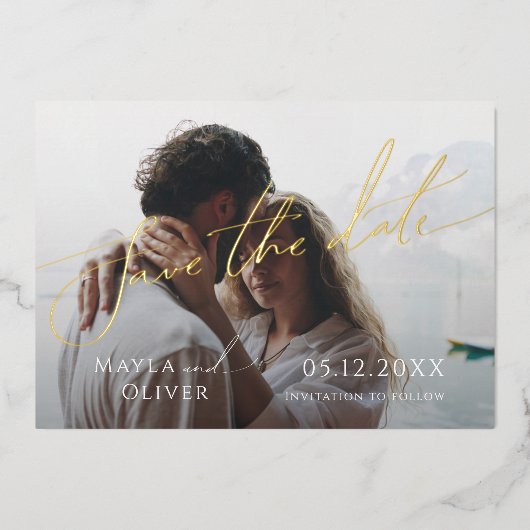 お洒落Script Photo Save The Date Foil 箔招待状 (正面)
