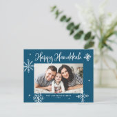 お洒落Snowflakes Blue Happy Hanukkah写真 シーズンポストカード (スタンド正面)