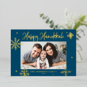 お洒落Snowflakes Blue Happy Hanukkah写真 箔シーズンカード (立ち正面)