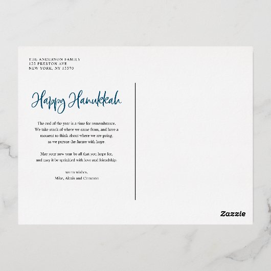 お洒落Snowflakes Blue Happy Hanukkah写真 箔シーズンポストカード (裏面)