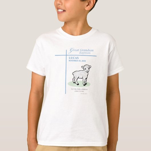 お洗礼のブルーラムパーソナライズデザイン ひいお孫さん用 Tシャツ (正面)