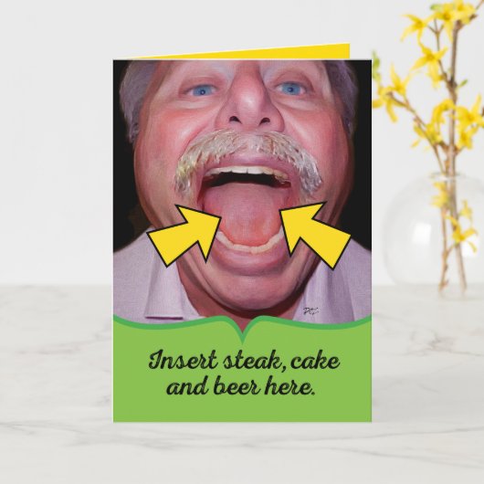 お父おもしろいさんの日にステーキケーキとビールを差し込む カード (黄色い花)