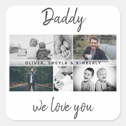 お父さんと子供と家族のパパ写真コラージュ スクエアシール (正面)