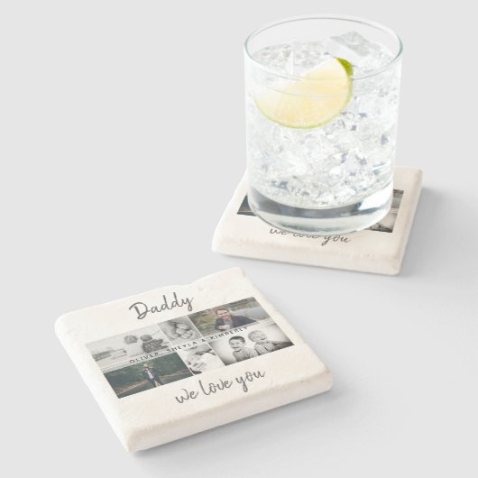 お父さんと子供と家族のパパ写真コラージュ ストーンコースター (横)