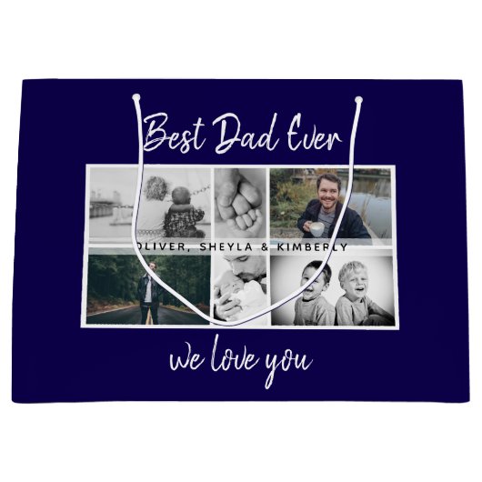 お父さんと子供と家族のパパ写真コラージュ ラージペーパーバッグ (正面)