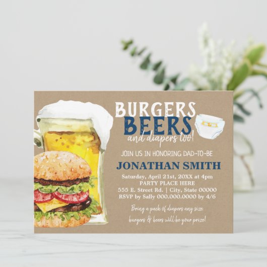 お父さんになるお祝いシャワー バーガー、ビール、おむつも 招待状 (スタンド正面)