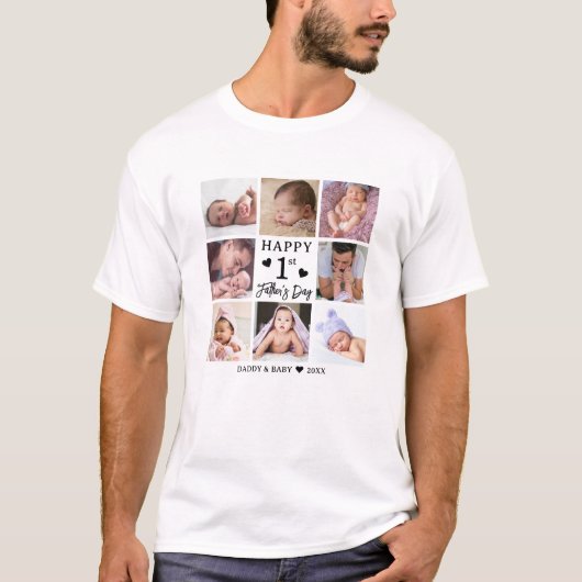 お父さんデビュー記念日おめでとう 8枚の写真コラージュ Tシャツ (正面)