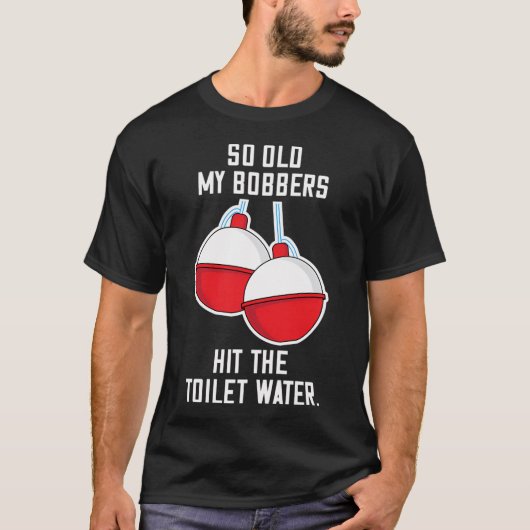 お爺ちゃん釣り人ダルダルの浮きのジョーク Tシャツ (正面)