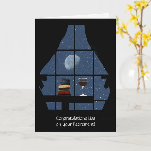 お疲れ様でした！本とワインで名前を称えての退職お祝い カード (黄色い花)