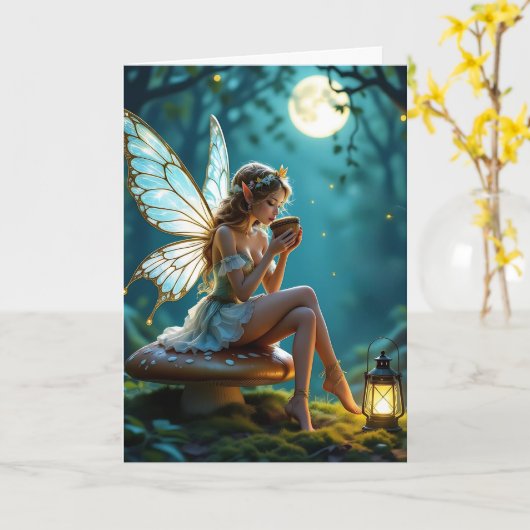 お疲れ | フェアリーとコーヒーをテーマにした カード (黄色い花)