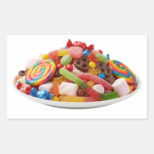 お皿のカラフルなお菓子ステッカー 長方形シール (正面)