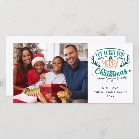 お目出とうクリスマス・ティール(緑がかった色)の家族写真 シーズンカード (正面/裏面)