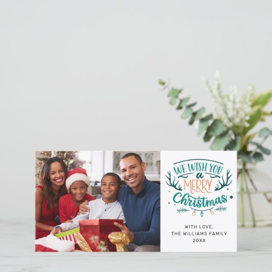 お目出とうクリスマス・ティール(緑がかった色)の家族写真 シーズンカード (スタンド正面)