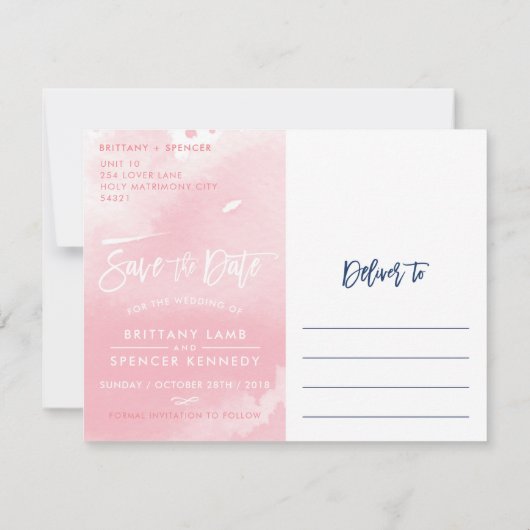 お知らせポストカード 現代的なネイビーとピンクの水彩画 セーブザデート (裏面)