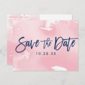 お知らせポストカード 現代的なネイビーとピンクの水彩画 セーブザデート (正面/裏面)