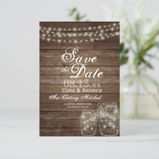 お知らせ日付 エレガントな ラスティック メイソンジャー ライト 招待状 (スタンド正面)
