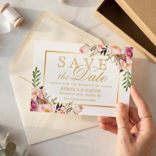 お知らせ日程 エレガント シック ピンク フラワー ゴールド フレーム セーブザデート