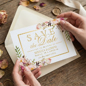 お知らせ日程 エレガント シック ピンク フラワー ゴールド フレーム セーブザデート