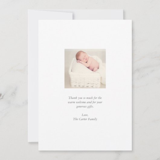 お礼のベビー生まれたばかりのシャワーカットタイポグラフィ サンキューカード (裏面)