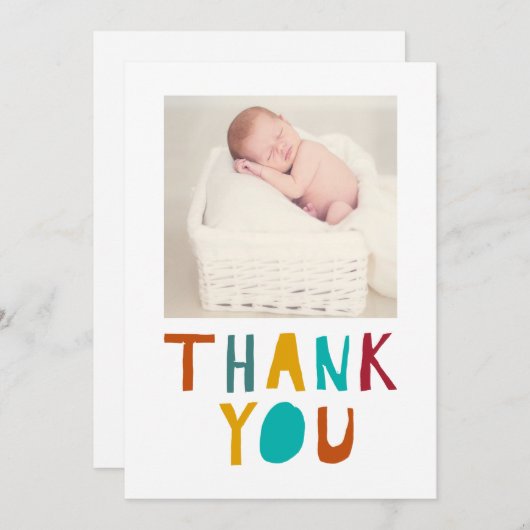 お礼のベビー生まれたばかりのシャワーカットタイポグラフィ サンキューカード (正面/裏面)