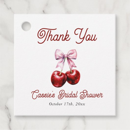 お礼の言葉を添えたピンクのリボン ウェディングシャワーのサンクス タグ (正面)