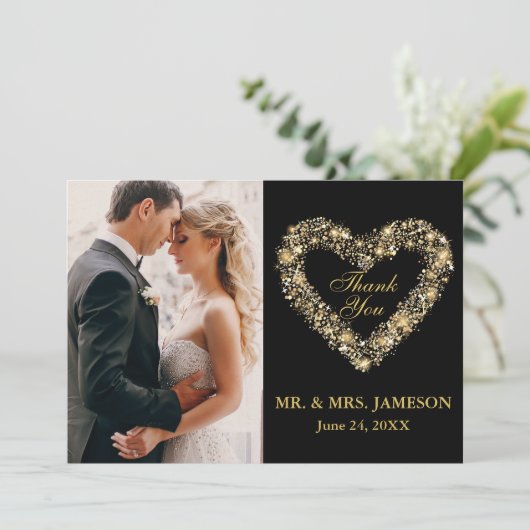 お礼結婚の金ゴールドハートフォトカード サンキューカード (スタンド正面)