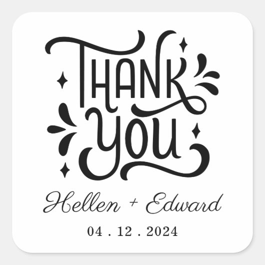 お礼 ウェディング カップル 名前 ミニマル ブラック ホワイト スクエアシール (正面)